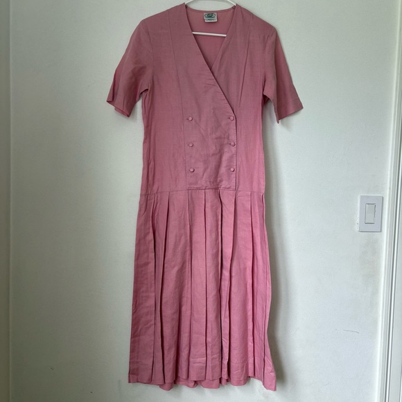Vtg Laura‎ Ashley Pink Dress Linen Double Breasted Midi Pleated Sailor Women 10 - Picture 1 of 10